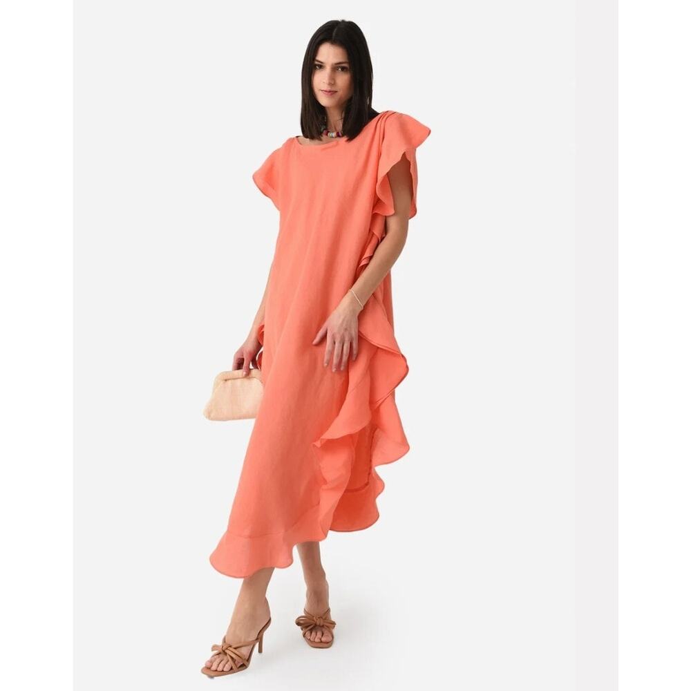 JAG Eden Dress Midi Blush Pink Linen S/M Ruffled Coastal Summer Cottagecore Boho - Picture 8 of 8